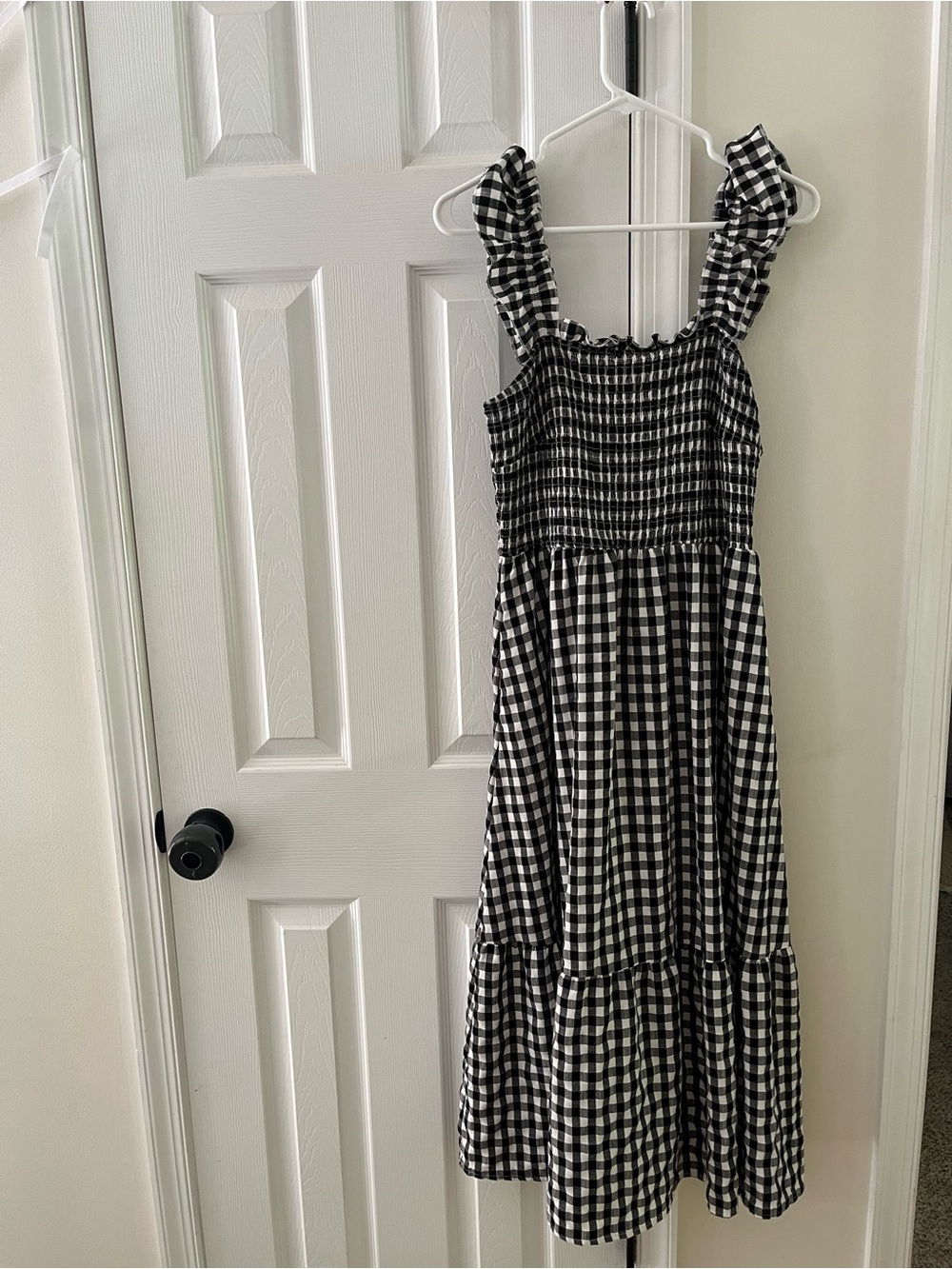 Smocked Black and White Gingham Midi Dress